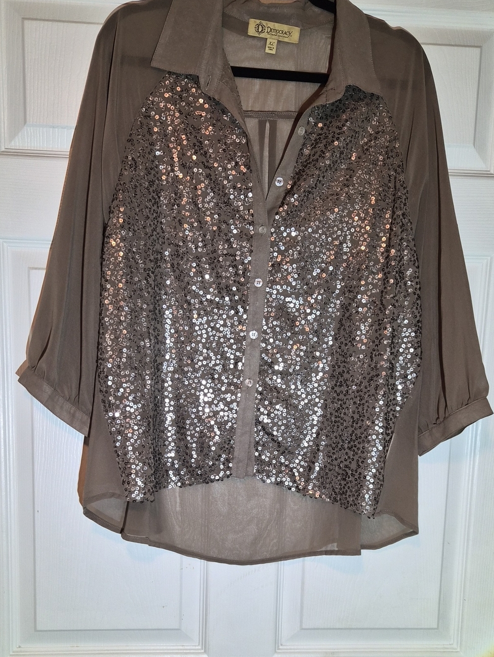 Democracy Taupe Sequin Button-Front Blouse